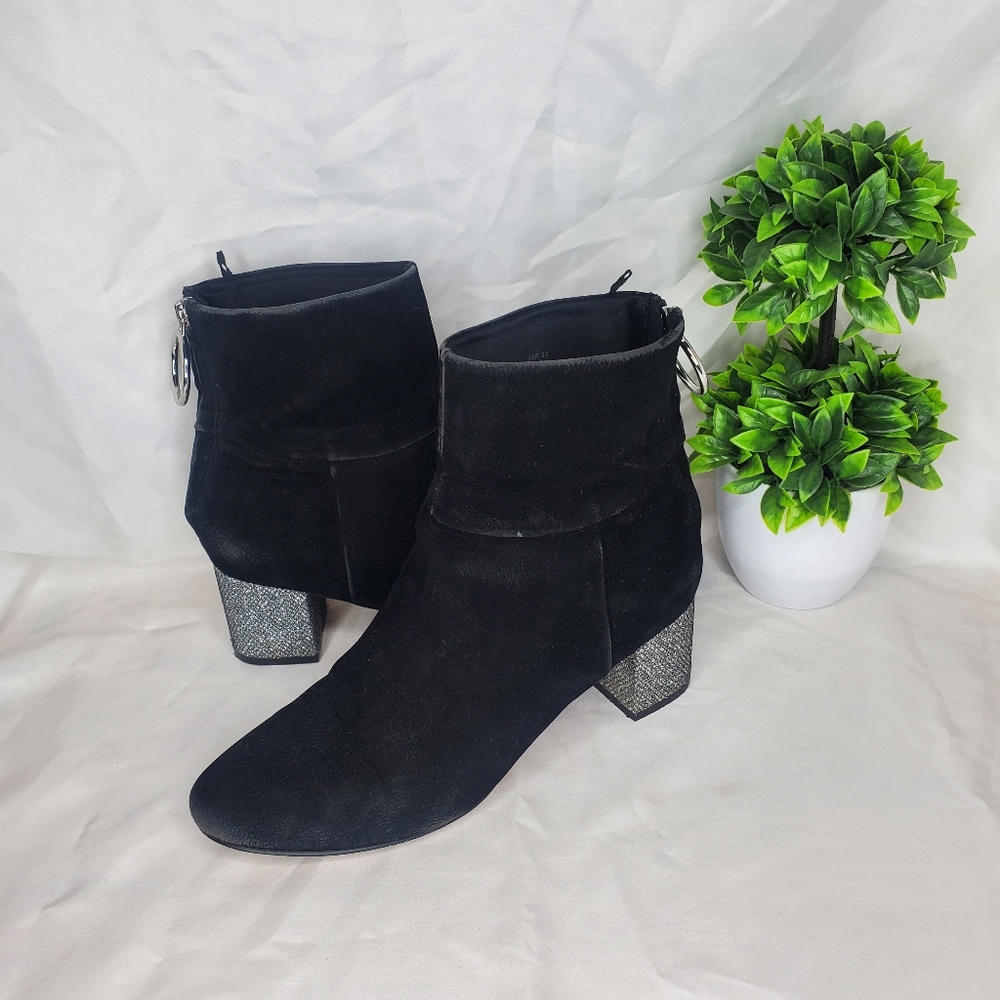 ♧ H&M Black Faux Suede Sparkle Chunky Heel Zip Ankle Boots Size 8